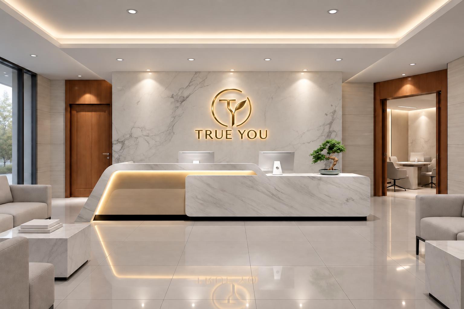 TrueYou reception design with a marble welcome desk, gold logo, warm wood details and soft lighting